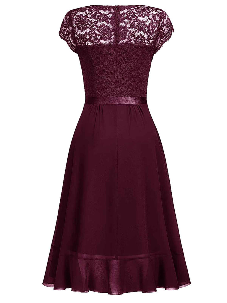 1950er V-Ausschnitt Spitzenrüschen Festes Kleid