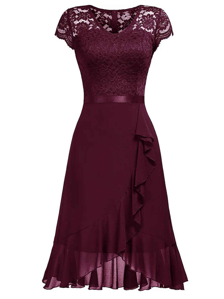 1950er V-Ausschnitt Spitzenrüschen Festes Kleid