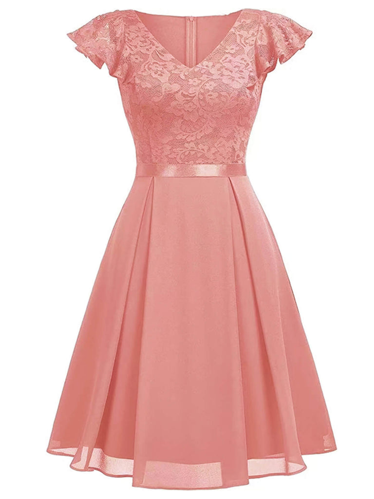 1950er Solides V-Ausschnitt Rüschenärmeln Spitzenkleid