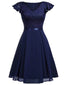 1950er Solides V-Ausschnitt Rüschenärmeln Spitzenkleid