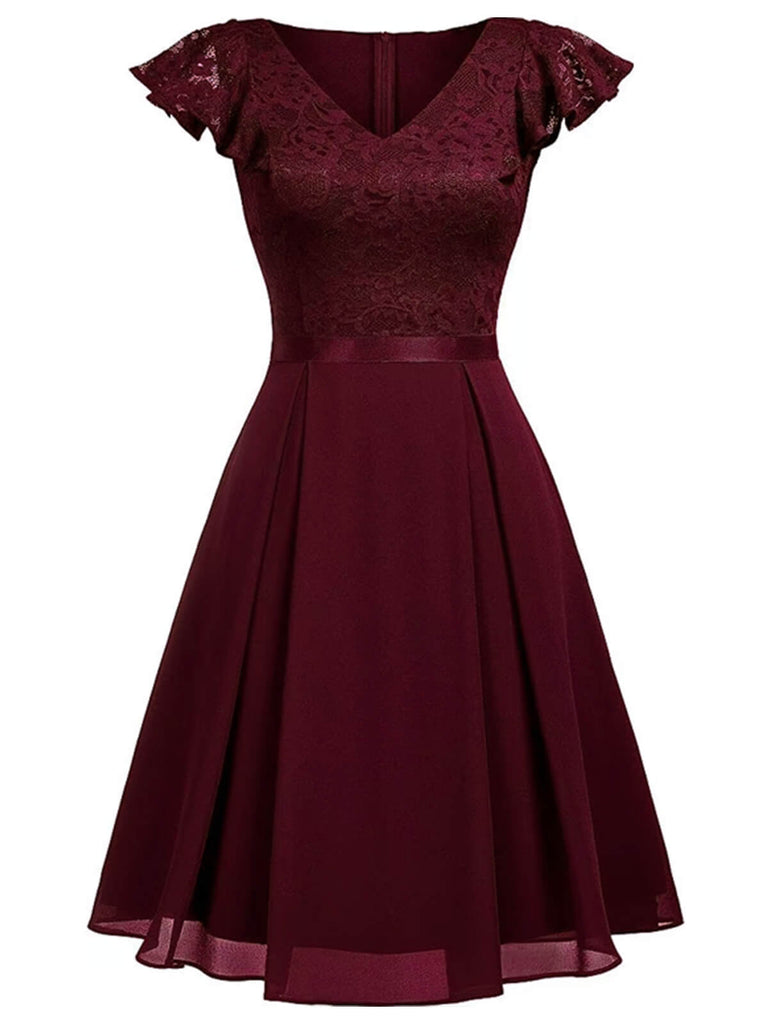 1950er Solides V-Ausschnitt Rüschenärmeln Spitzenkleid