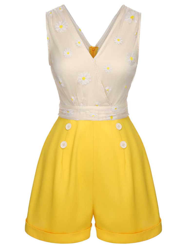 Gelb 1950er V-Ausschnitt Daisy Mesh Romper