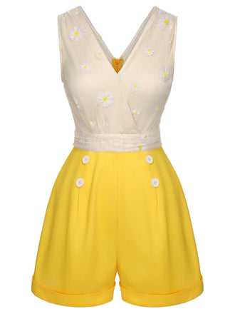 Gelb 1950er V-Ausschnitt Daisy Mesh Romper