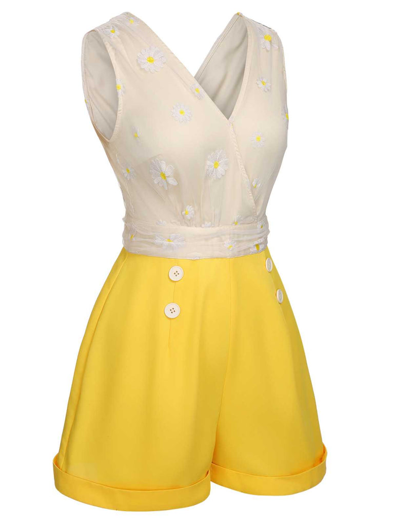 Gelb 1950er V-Ausschnitt Daisy Mesh Romper