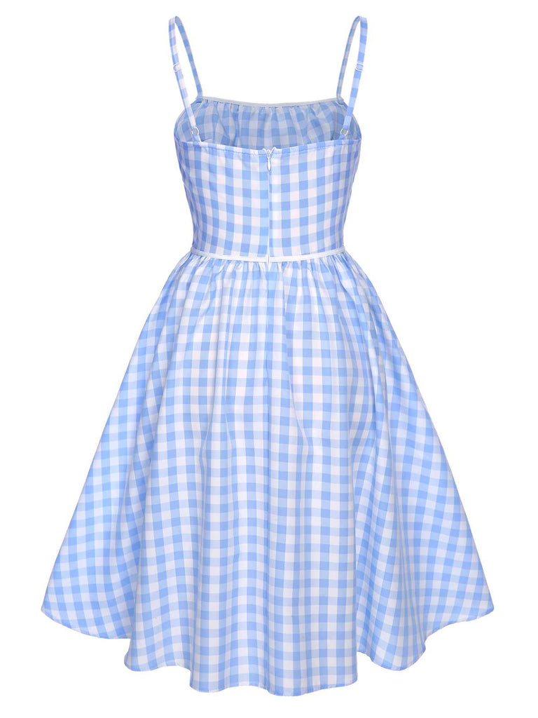 Blau 1950er Spaghettiträger Plaids Schleife Dekor Kleid