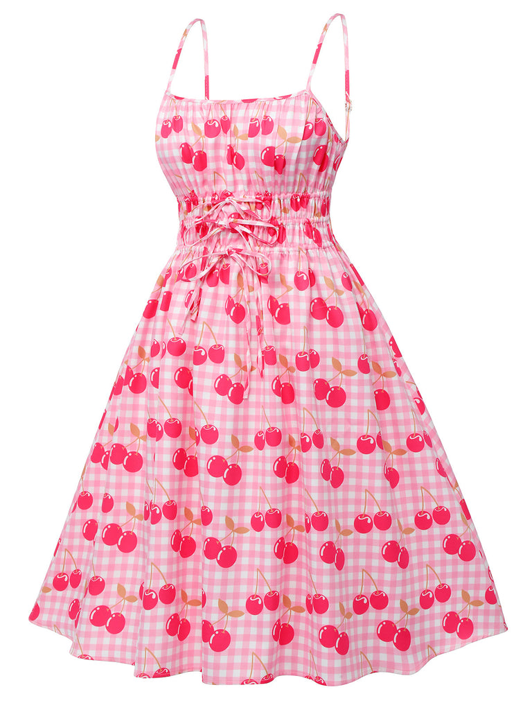 Rosa 1950er Kirsche Spaghettiträger Kleid