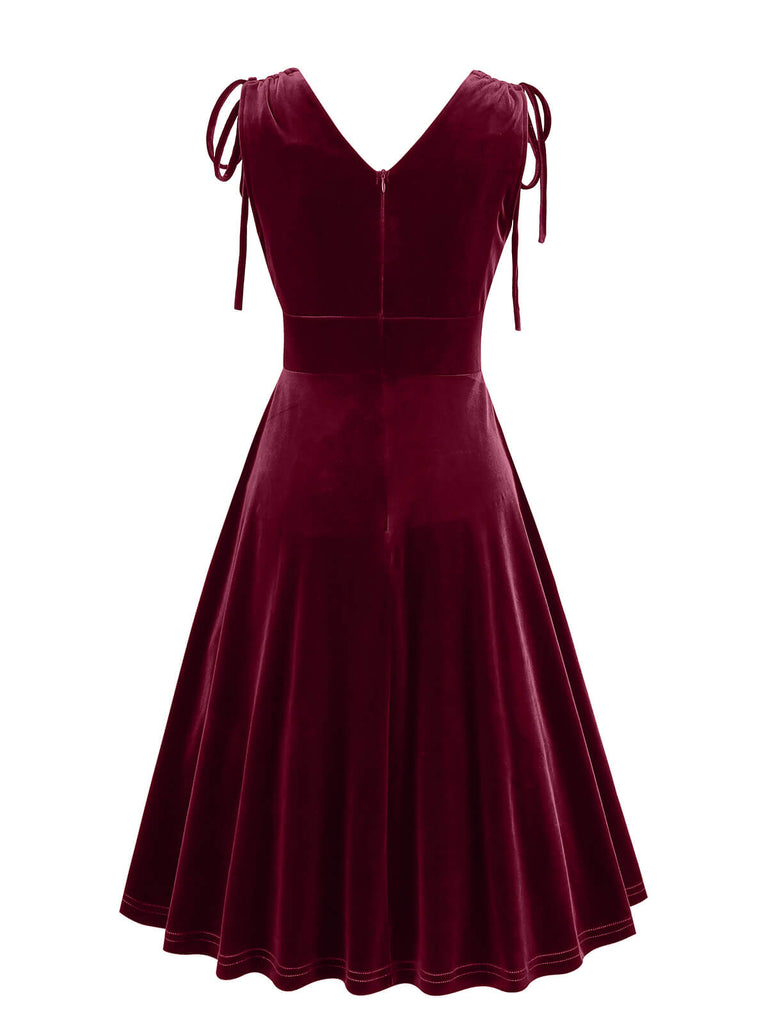 1950er Solide Samt Schnürung V-Ausschnitt Kleid