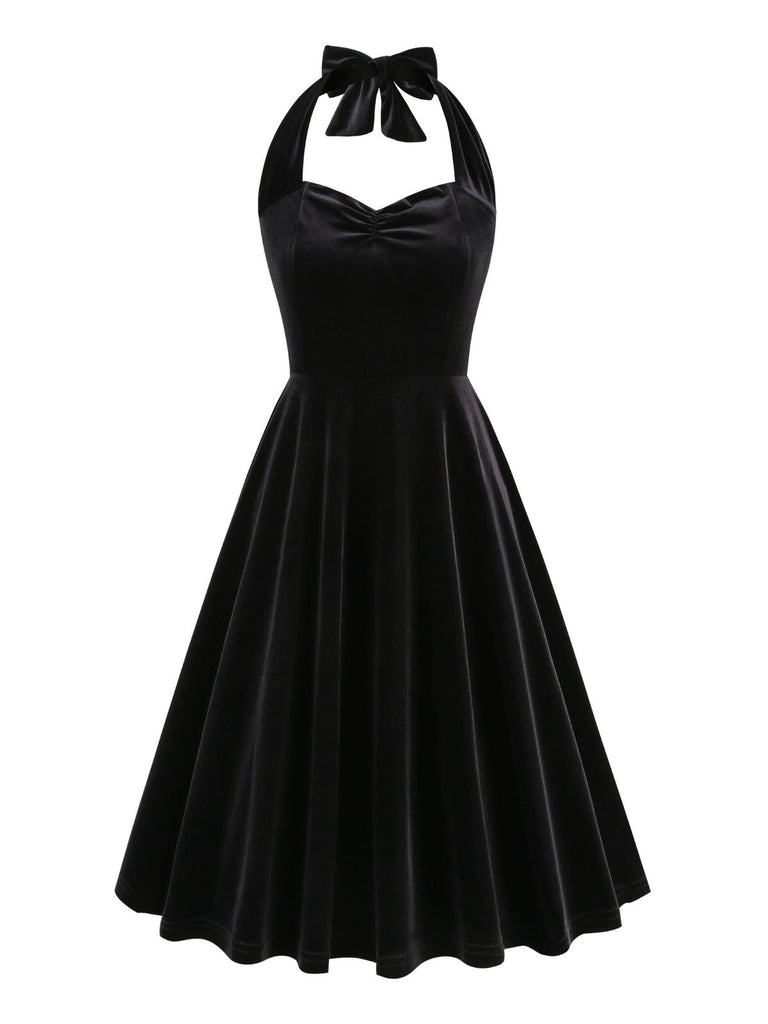 1950er Solides Trägerloses Neckholder Samtkleid