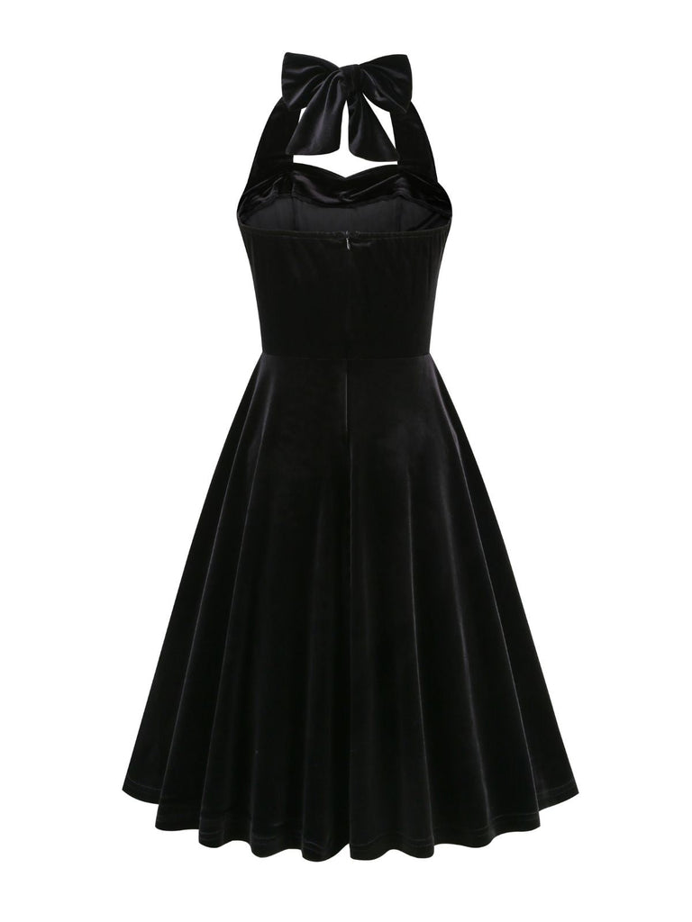 1950er Solides Trägerloses Neckholder Samtkleid