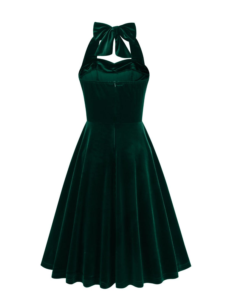1950er Solides Trägerloses Neckholder Samtkleid