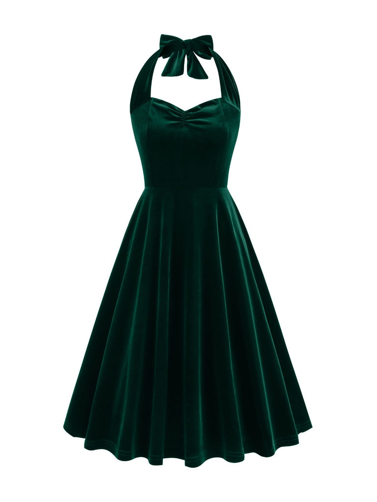 1950er Solides Trägerloses Neckholder Samtkleid