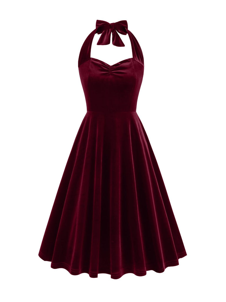 1950er Solides Trägerloses Neckholder Samtkleid