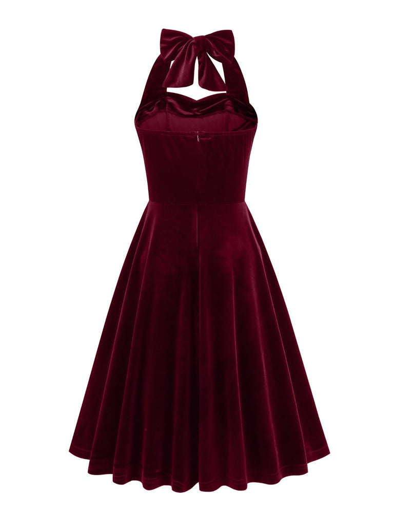 1950er Solides Trägerloses Neckholder Samtkleid