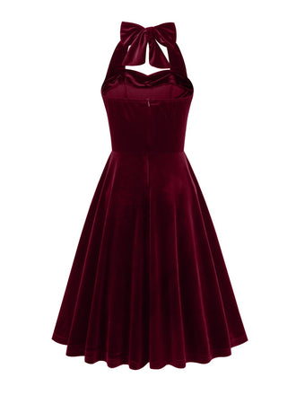 1950er Solides Trägerloses Neckholder Samtkleid