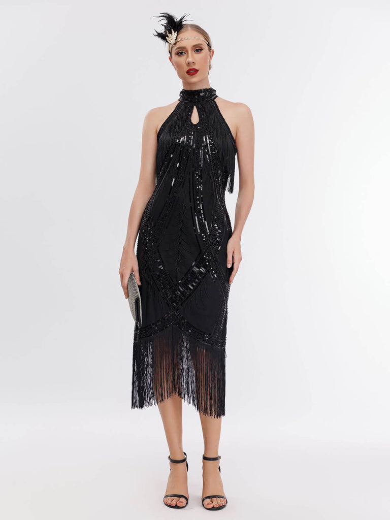 1920er Pailletten Quaste Schlüsselloch Charleston Kleid