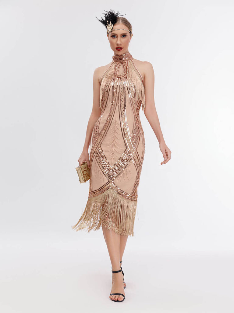 1920er Pailletten Quaste Schlüsselloch Charleston Kleid