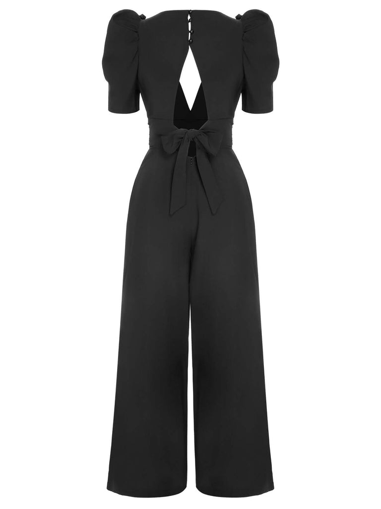 1930er Solides Tiefem V-Ausschnitt Puffärmeln Jumpsuit