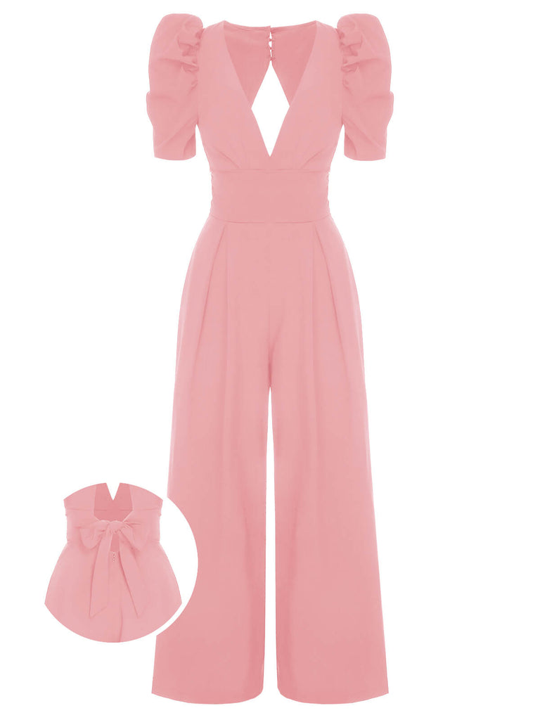 1930er Solides Tiefem V-Ausschnitt Puffärmeln Jumpsuit