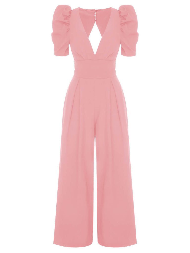 1930er Solides Tiefem V-Ausschnitt Puffärmeln Jumpsuit