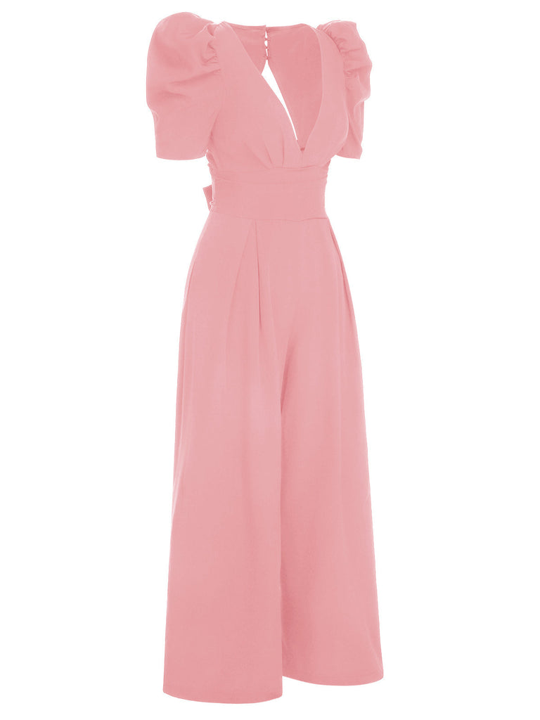 1930er Solides Tiefem V-Ausschnitt Puffärmeln Jumpsuit
