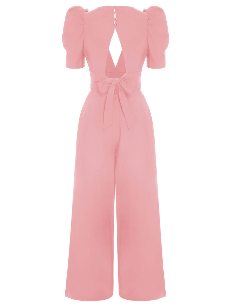 1930er Solides Tiefem V-Ausschnitt Puffärmeln Jumpsuit