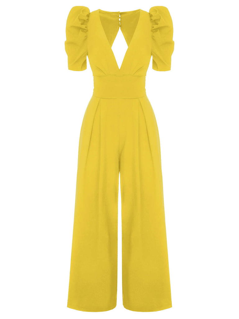 1930er Solides Tiefem V-Ausschnitt Puffärmeln Jumpsuit