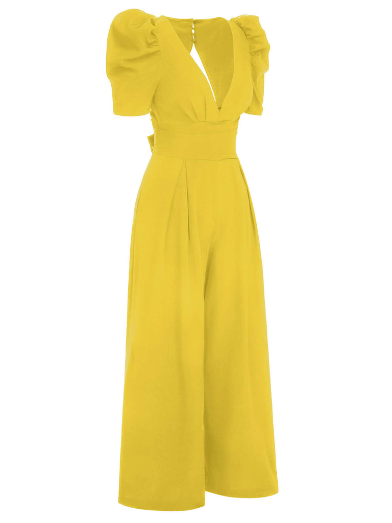 1930er Solides Tiefem V-Ausschnitt Puffärmeln Jumpsuit