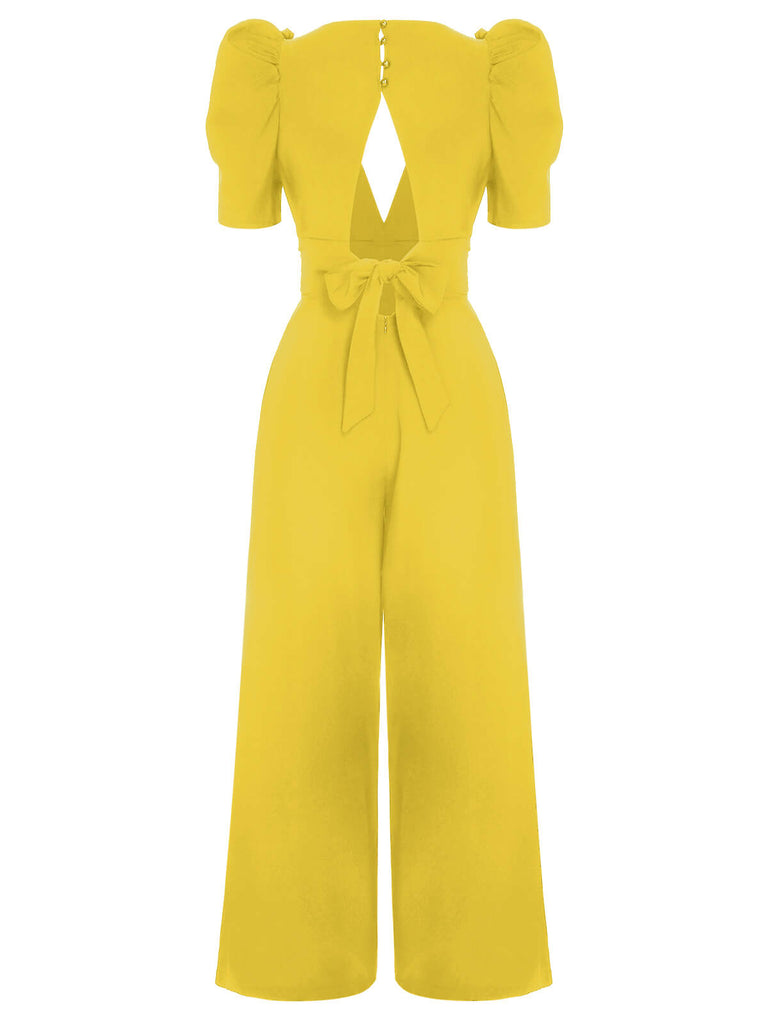 1930er Solides Tiefem V-Ausschnitt Puffärmeln Jumpsuit