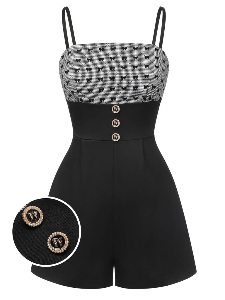 [Vorverkauf] Schwarz 1950er Bogen Button Patchwork Träger Romper