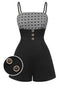 [Vorverkauf] Schwarz 1950er Bogen Button Patchwork Träger Romper