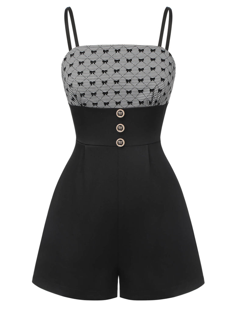 [Vorverkauf] Schwarz 1950er Bogen Button Patchwork Träger Romper