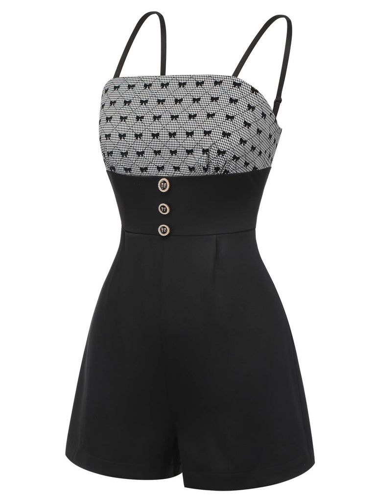 [Vorverkauf] Schwarz 1950er Bogen Button Patchwork Träger Romper