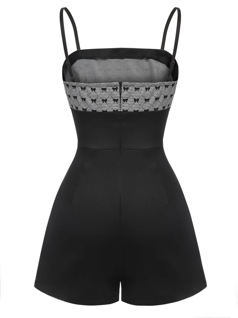 [Vorverkauf] Schwarz 1950er Bogen Button Patchwork Träger Romper