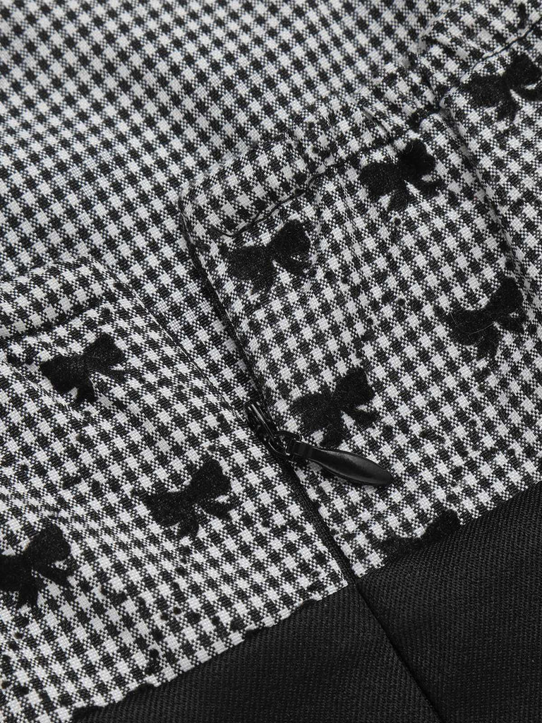 [Vorverkauf] Schwarz 1950er Bogen Button Patchwork Träger Romper