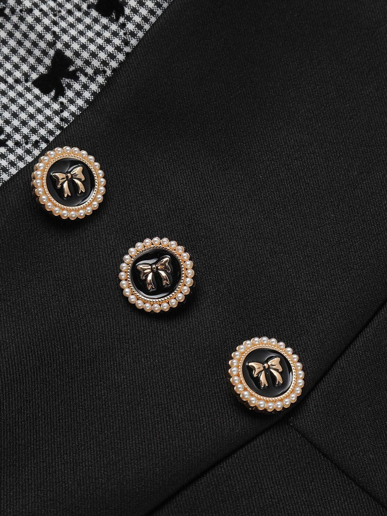 [Vorverkauf] Schwarz 1950er Bogen Button Patchwork Träger Romper