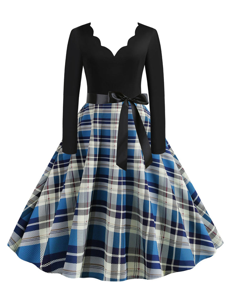 1950er V-Ausschnitt Langärmeliges Plaid Swing Kleid
