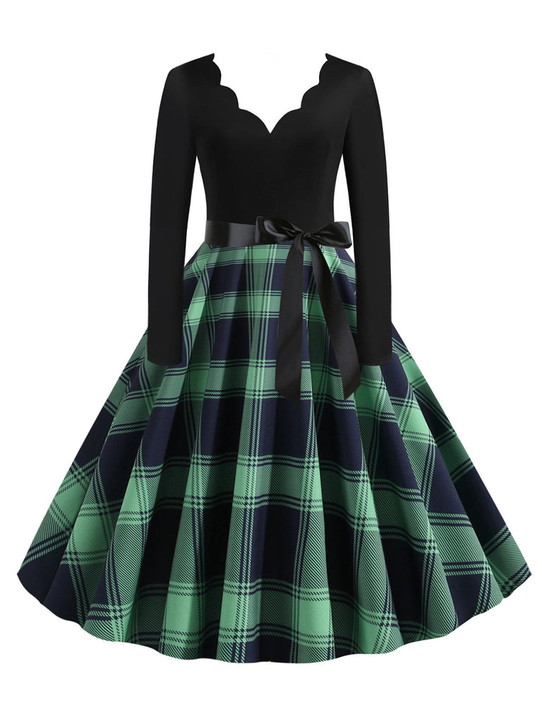 1950er V-Ausschnitt Langärmeliges Plaid Swing Kleid