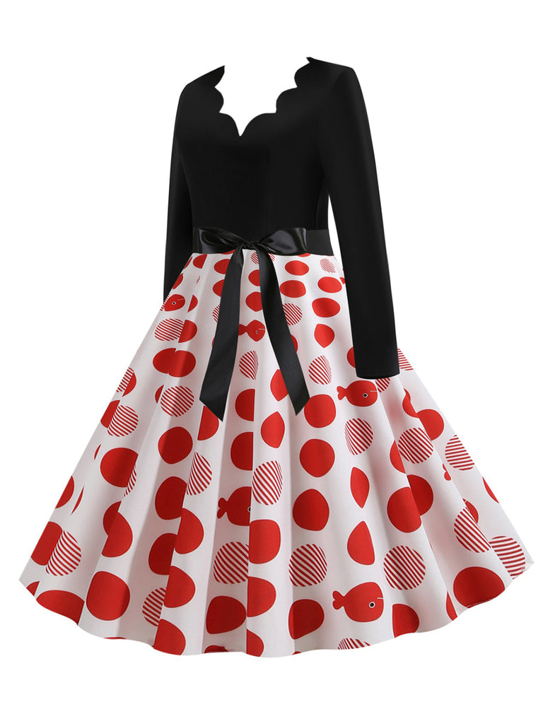 1950er V-Ausschnitt Langärmeliges Plaid Swing Kleid