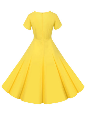 1950er V-Ausschnitt Einreihiges Festes Kleid