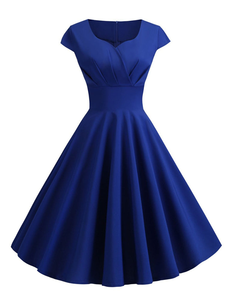 Tiefrot 1950er Solides Herzausschnitt Kurzärmeliges Kleid