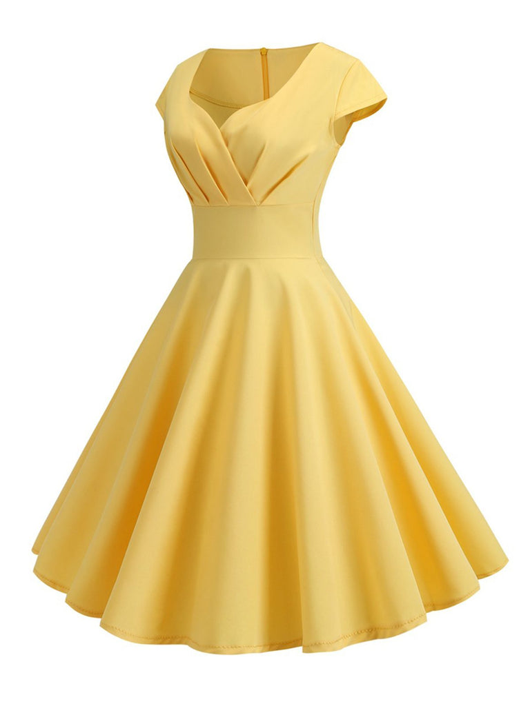 Tiefrot 1950er Solides Herzausschnitt Kurzärmeliges Kleid