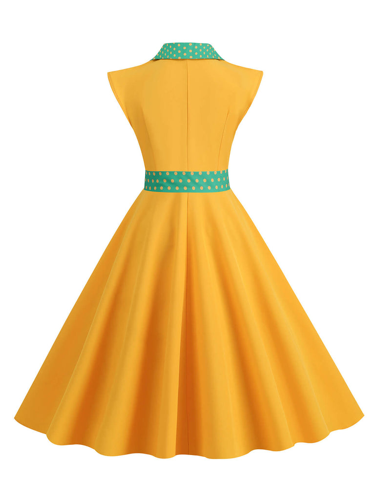 Dunkelblau 1950er Kontrastierenden Tupfen Schleifenknoten Gürtelkleid