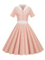 Rosa 1950er Solide Kontrastierendem Reversgürtel Kleid