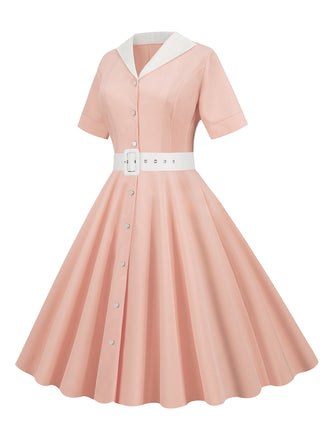 Rosa 1950er Solide Kontrastierendem Reversgürtel Kleid