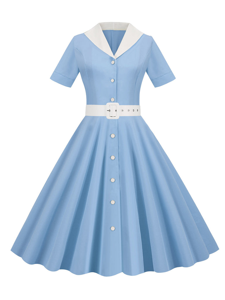 Himmelblau 1950er Solide Kontrastierendem Reversgürtel Kleid