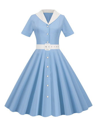 Himmelblau 1950er Solide Kontrastierendem Reversgürtel Kleid