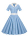 Himmelblau 1950er Solide Kontrastierendem Reversgürtel Kleid
