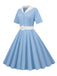 Himmelblau 1950er Solide Kontrastierendem Reversgürtel Kleid