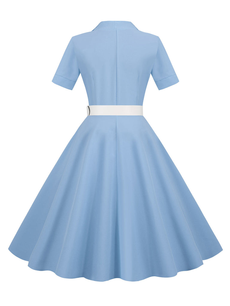 Himmelblau 1950er Solide Kontrastierendem Reversgürtel Kleid