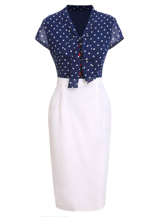 Blau & Weiß 1960er Polka Dot Langen Ärmeln Kleid